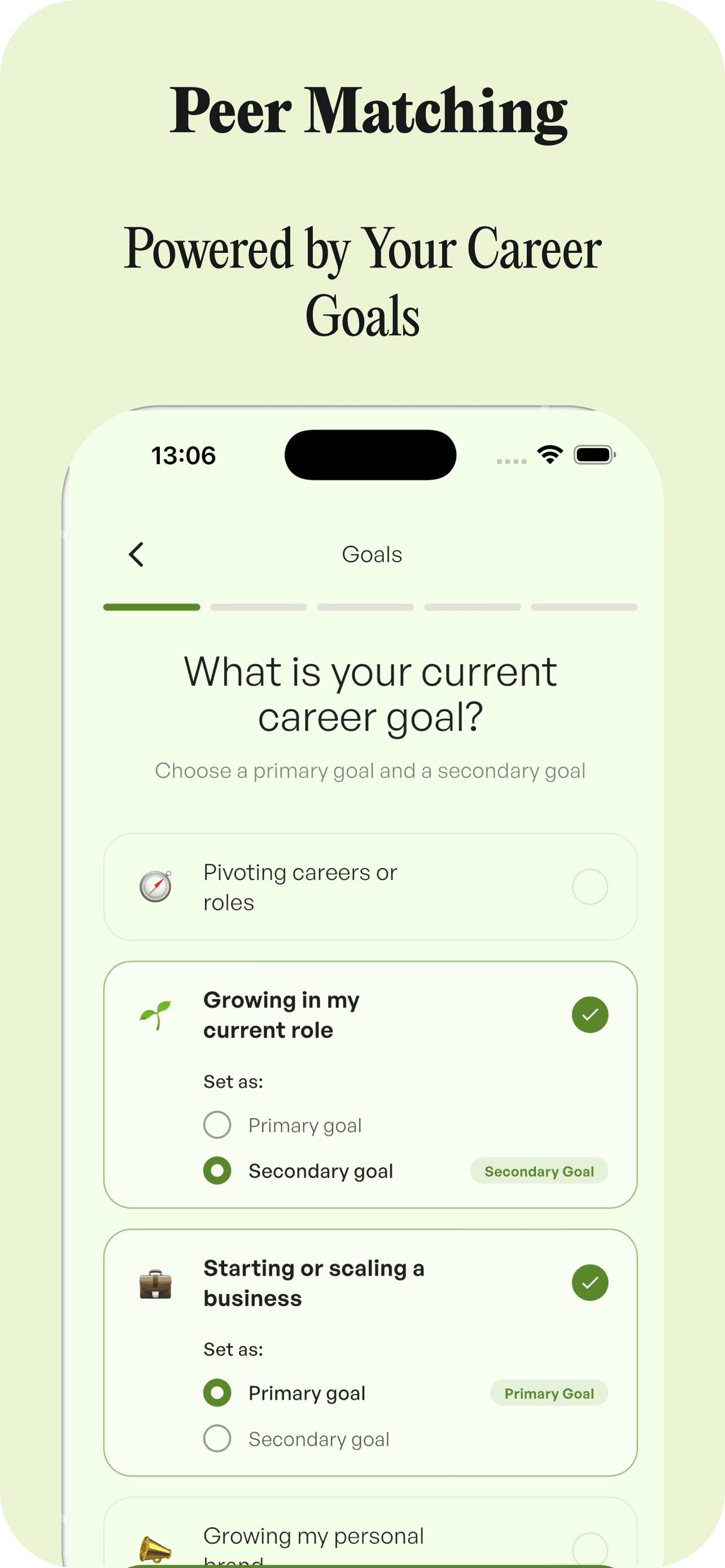 MyPlusOne career goals selection screen