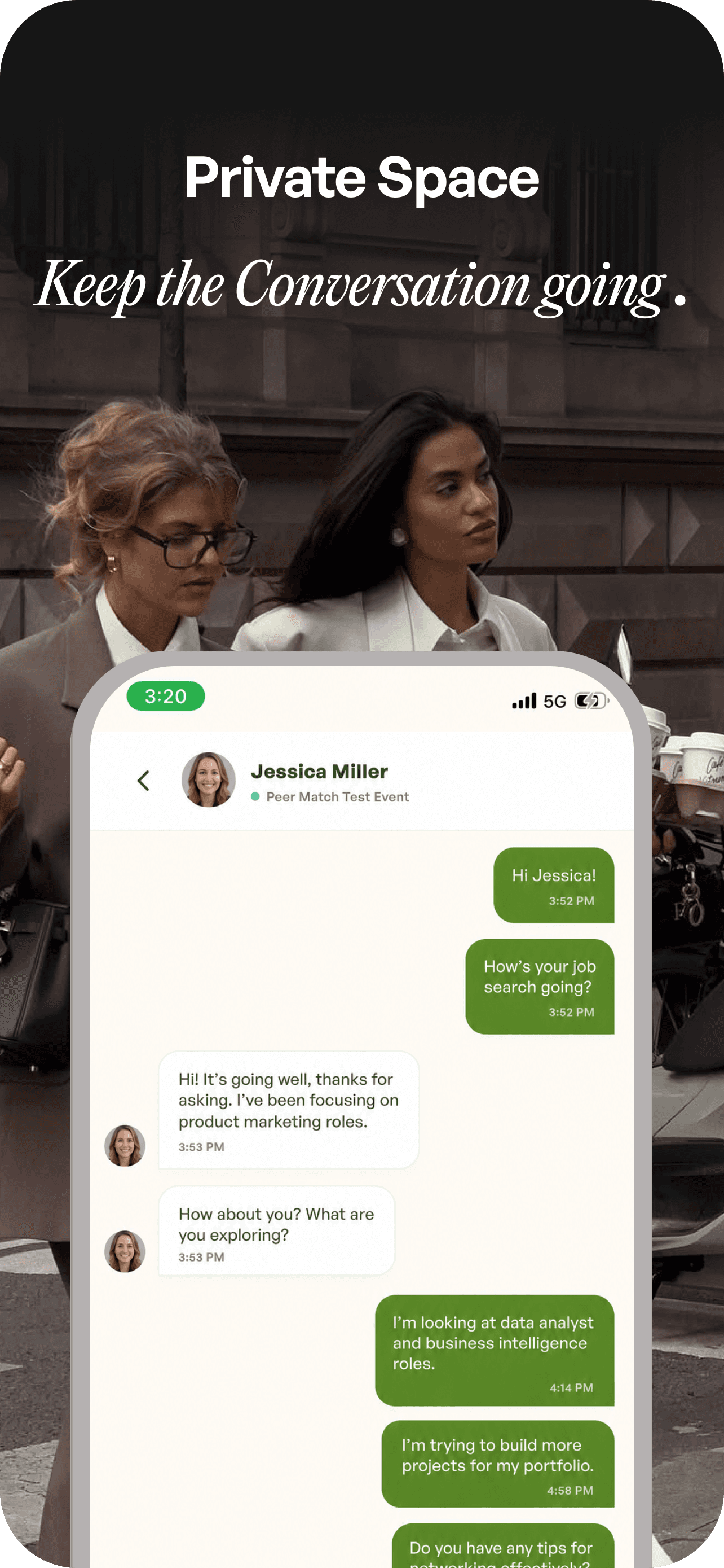 A private MyPlusOne conversation between peer matches